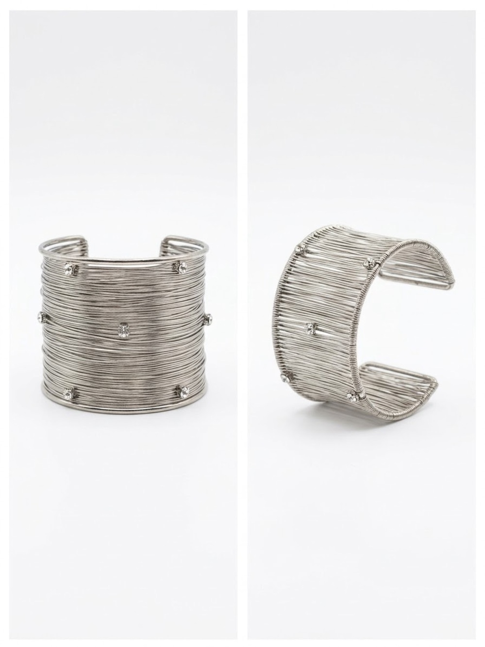 paparazzi Silver-Tone Layered Wire Cuff with Crystal Studs, NWOT